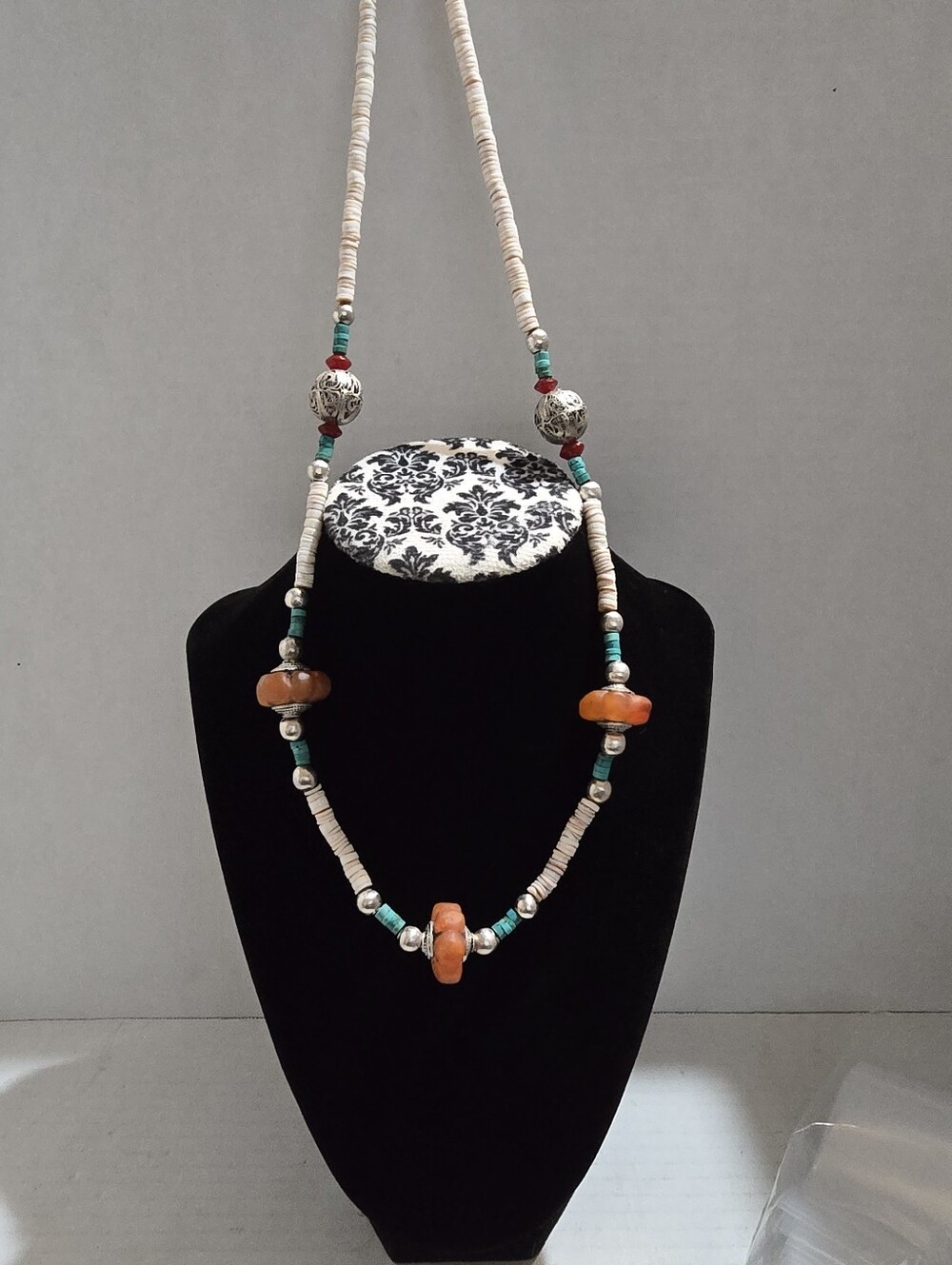 Vtg Ethnic Sterling Silver Shell Agate and Turquoise Heishi Necklace 28 Inch